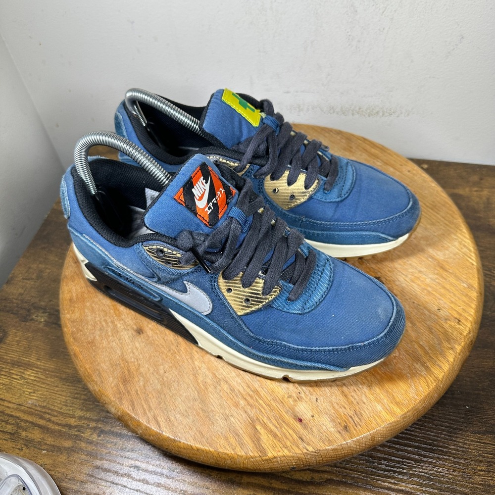 Nike Air Max 90 Tokyo City Pack Blue Gold Mens Sneakers CW1409-400 Size 7.5